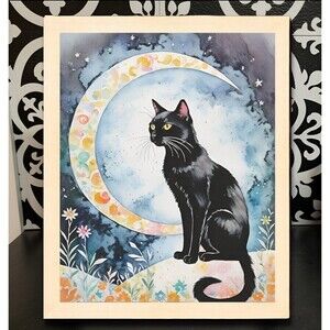 Framed Black Cat Moon Flowers Print